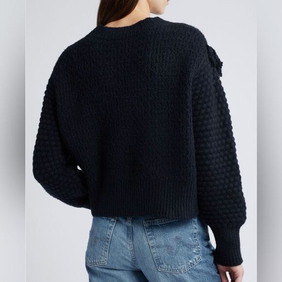 Treasure & Bond Balloon Sleeve Mixed Stitch Fringe Sweater Crew Black S NWT - Picture 4 of 12